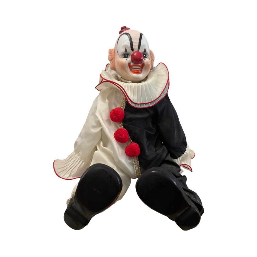 Vintage 80's Porcelain 13" Sitting Clown Doll Musical Wind Up